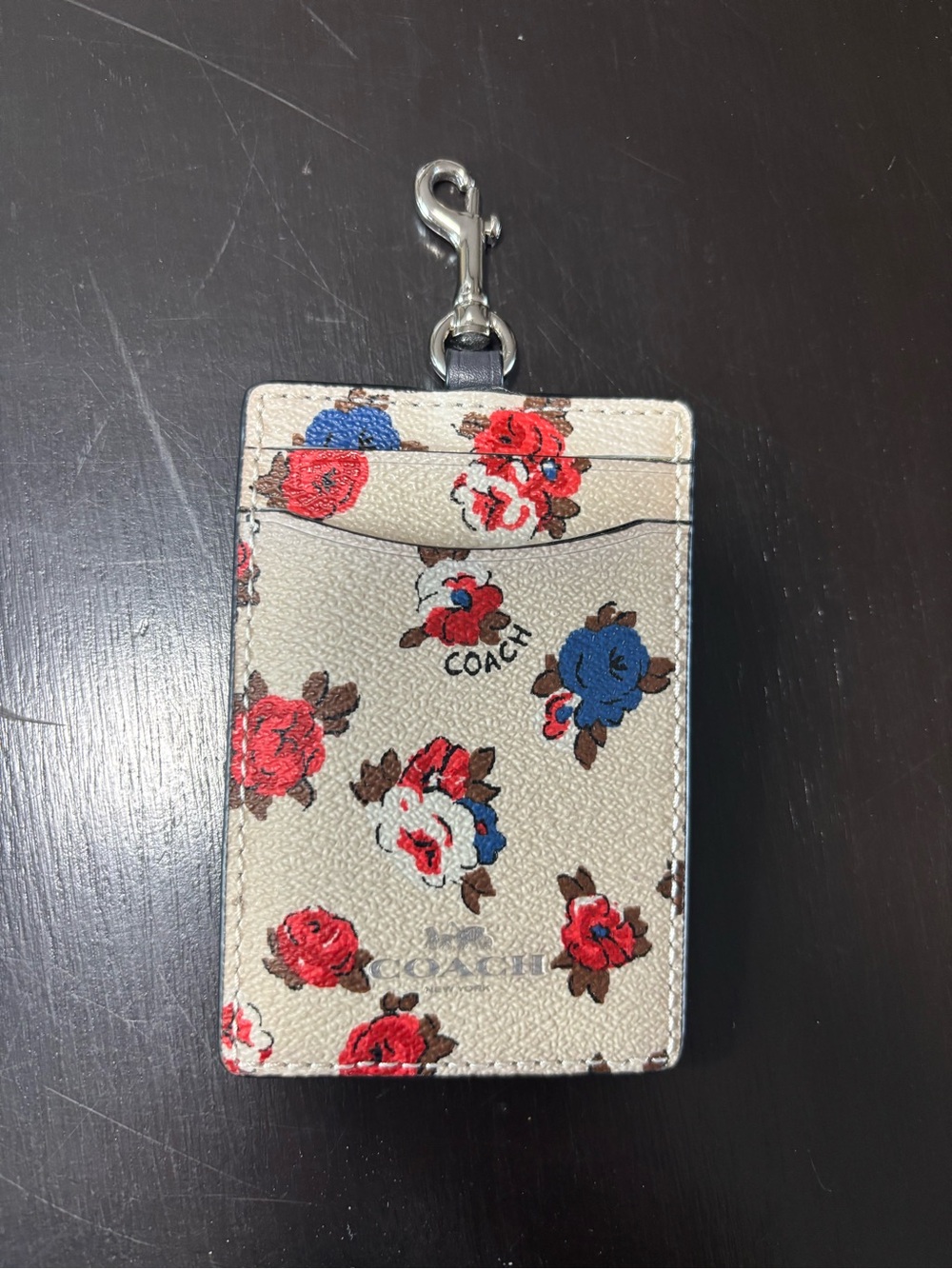 Coach Lanyard Floral Card Holder with Red & Blue Blooms